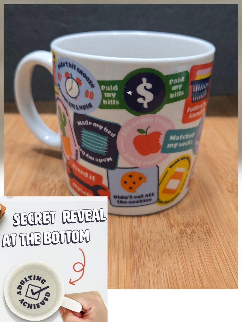 Adulting Achieved Merit Badge Coffee Mug Tea Cup Humor, hidden message inside
